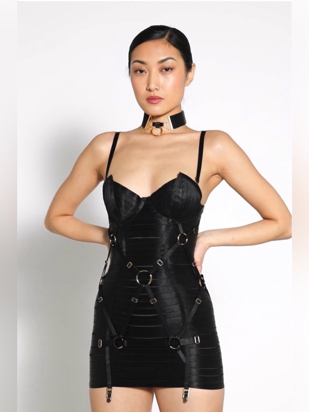 Bordelle Signature Harness Angela Dress Black Gold Hardware Luxury Lingerie Rare
